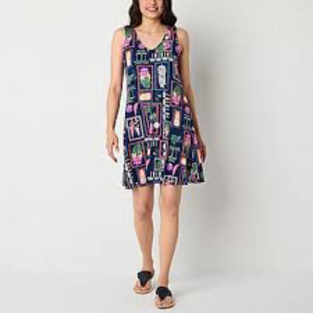 ST. JOHN'S BAY TROPICAL BLUE MULTICOLOR PRINT PETITE SMALL DRESS NEW WITH TAGS